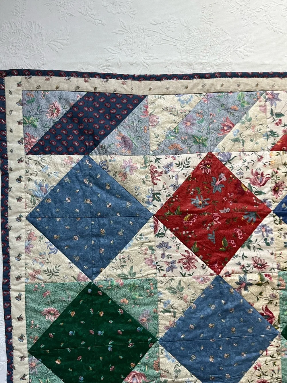 Vintage Patchwork Square Quilt Holiday Villagers Handmade Floral Wall Table Deco